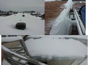Snow and ice built up along a roof edge and gutter